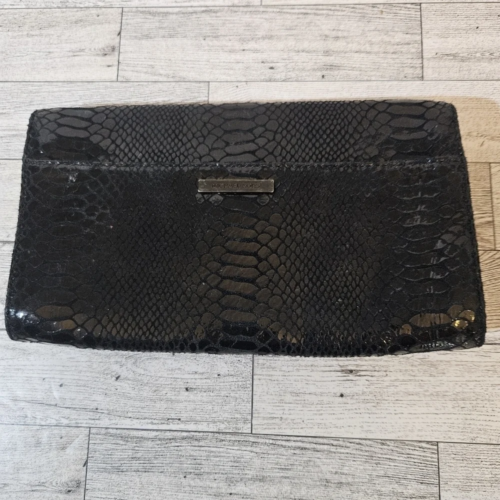 Michael Kors Metallic Black Python Effect Leather Flap Clutch Bag *Missing Strap